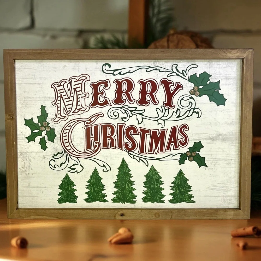 Pier 1 Folk Art Merry Christmas Wood Frame Wall Art Decor Rustic Cottage 12x17.5